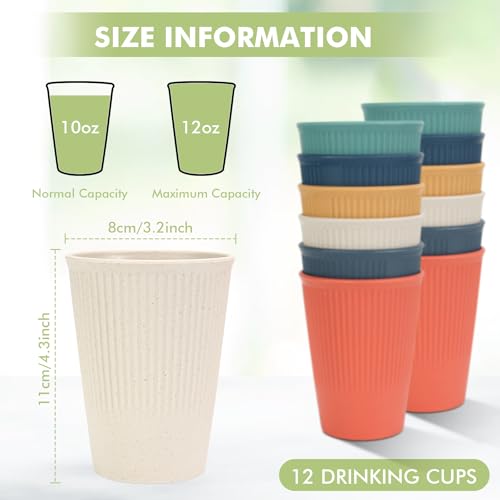 12-Pack 12 oz BPA Free Wheat Straw Cups - Reusable, Stackable, Dishwasher Safe, Perfect for Kitchen and Camping